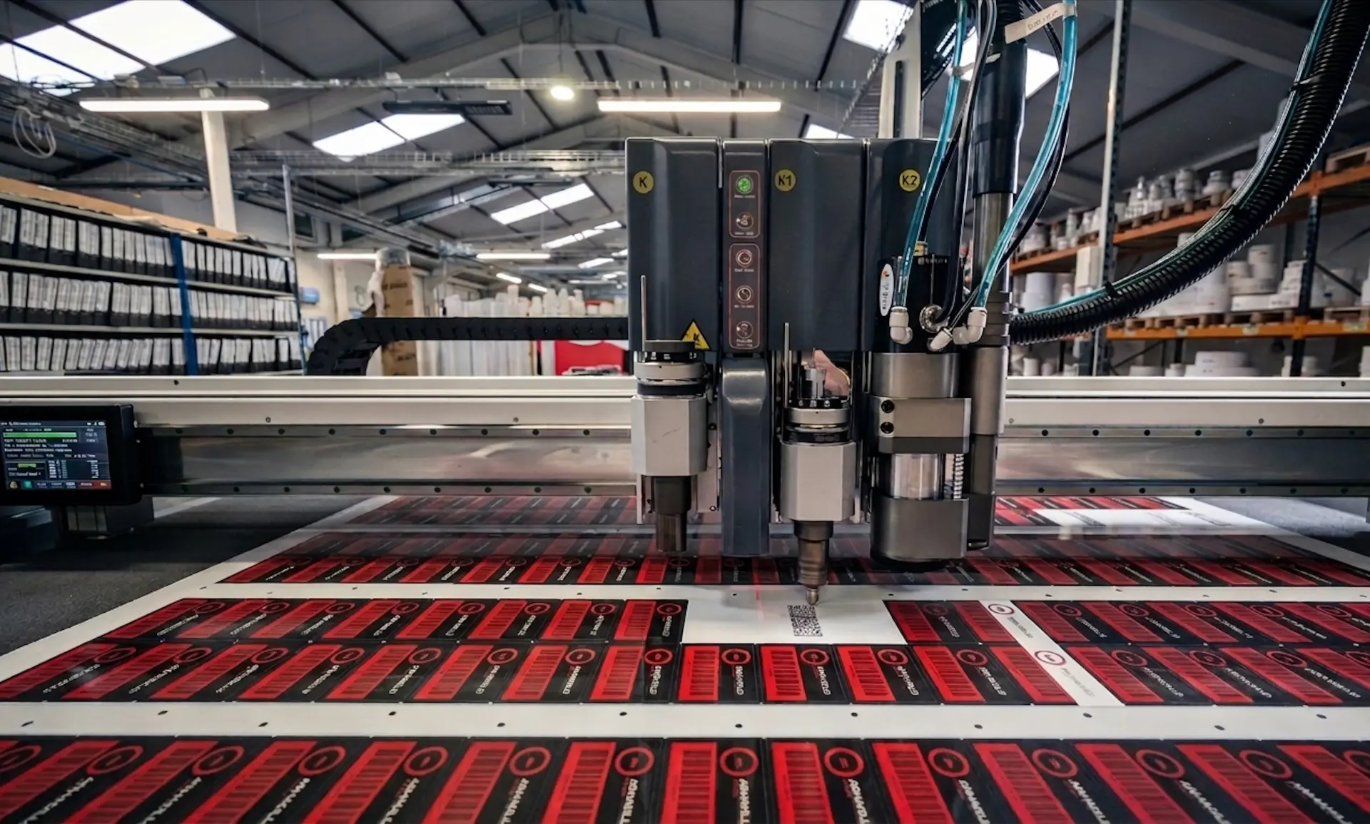 Digital cutting table kiss-cutting a printed sheet of red and black industrial labels at the ILN UK factory